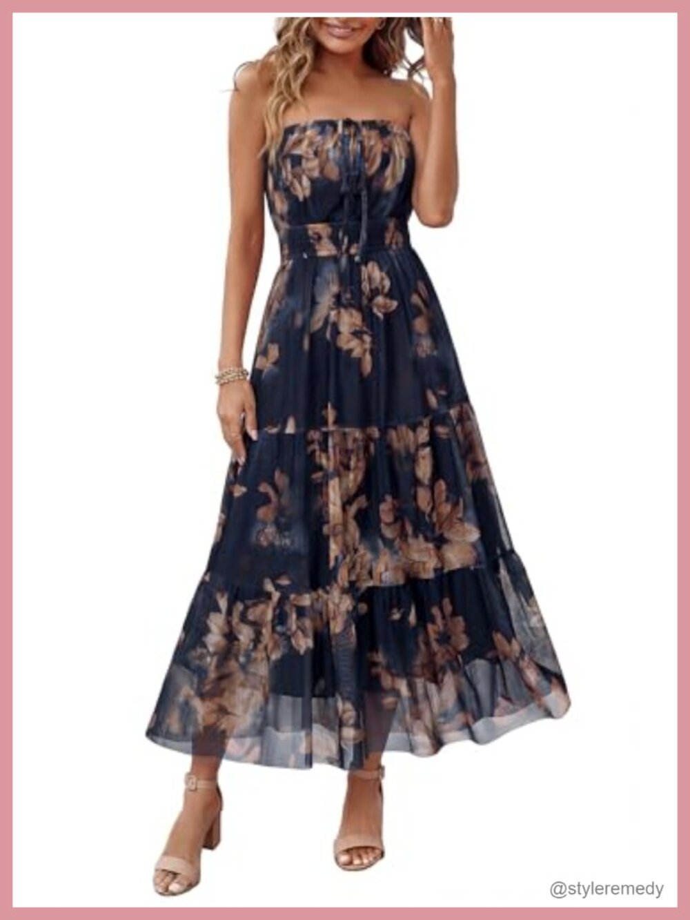Women's Summer Maxi Dress Strapless Boho Floral Mesh Vacation Beach